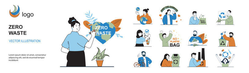 Zero waste concept with character situations mega set in flat web design. Bundle of scenes people taking care of global environment, sorting garbage, using eco shopping bags. Vector illustrations.