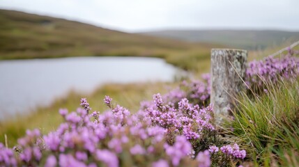 Obraz premium Purple heather flowers bloom near a rustic wooden fence post by a quiet lake in the rolling hills.