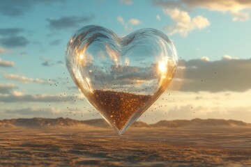 Fototapeta premium Floating glass heart with golden glitter in desert at sunset