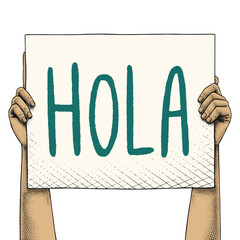 Hand raising a sign that says Hola Colored © Vatrha Kewo