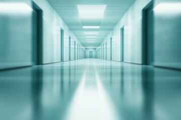 Fototapeta premium Bright hospital corridor with glowing fluorescent lights, clean walls, and a glossy reflective floor creating a serene and clinical atmosphere.