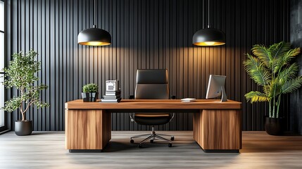 Sophisticated executive business office stylish wooden desk ambient lighting decor