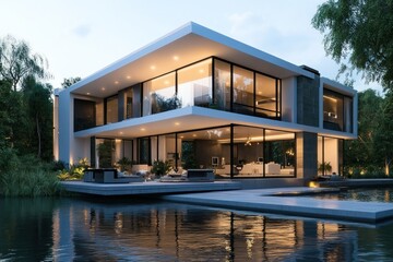 Elegant contemporary villa with illuminated interiors, surrounded by water, and featuring open living spaces under a twilight sky