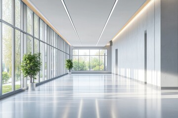 Obraz premium Bright open space with large glass windows, white columns, and green potted plants creating a modern and fresh environment.