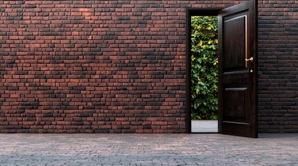 A wooden door stands open against a brick wall, revealing lush greenery beyond, inviting exploration