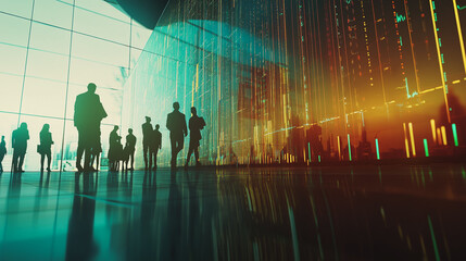 Group of business people silhouettes in modern office building and business network concept. Human resources with pastel innovation charts and graphs with statistics to analyze business	