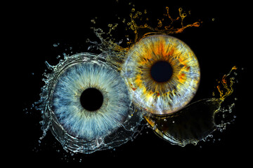Close up of eye iris on black background, macro, photography.