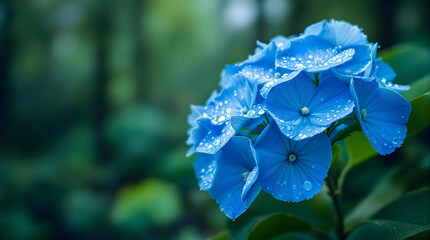 Blue Hydrangea Blossom with Rain Drops: Close-Up Floral Beauty, Nature's Freshness, Detailed Petals, Wet Flower, Serene Garden Scene, Botanical Elegance