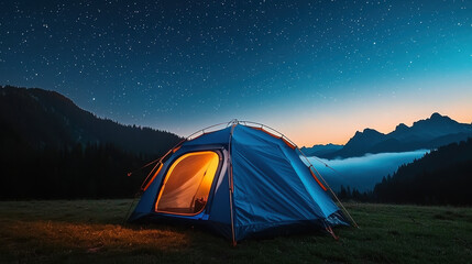 small blue tent in alpine meadow under starry sky, creating serene atmosphere