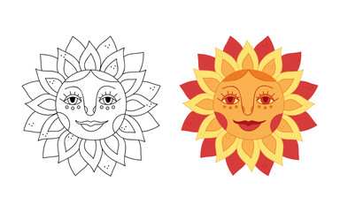 Two suns with a face for Shrovetide, black and colored. Hand drawn clip art for your project.