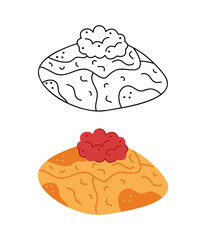 Two pancakes folded into a rectangle with caviar on top. Hand drawn clip art for your project.