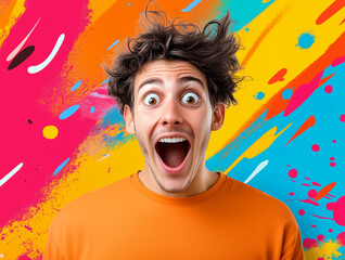 Shocked young man with open mouth and messy hair against an abstract colorful background