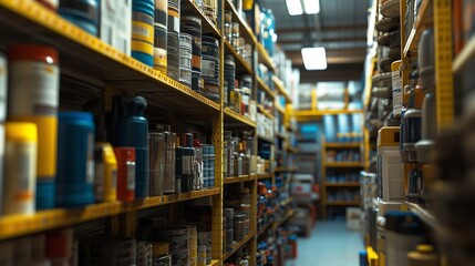 Fototapeta premium Industrial storage aisle filled with neatly organized containers and bottles on yellow metal shelves
