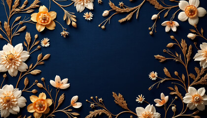 Elegant artisanal embroidery background, luxurious and intricate, delicate hand-stitched floral patterns in gold and ivory on deep navy fabric, copy space