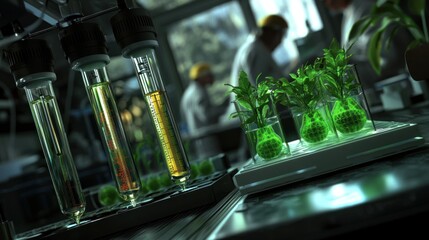 Laboratory scene showcasing scientists conducting experiments with plants and liquids in glassware