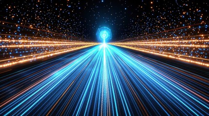 Futuristic Highway of Light Abstract Blue and Orange Glowing Lines Converging at a Bright Center