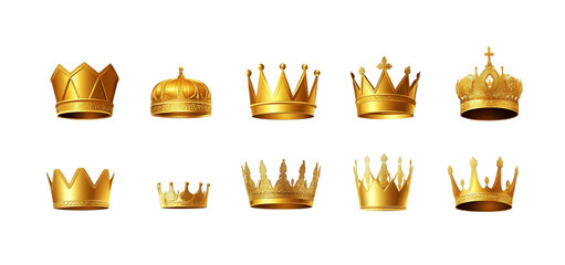 Set of gold crown isolated golden crown on a transparent background