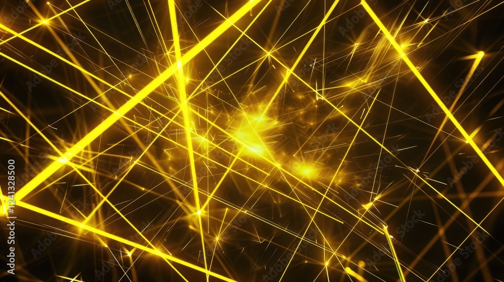 Poster a captivating abstract image featuring bright yellow lasers creating dynamic patterns against a deep