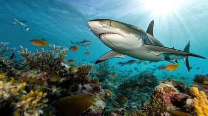 Fototapeta premium A majestic shark swimming gracefully among vibrant coral reefs in a sunlit ocean scene