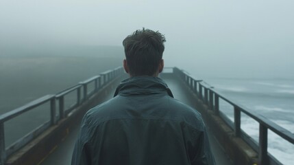 Fototapeta premium Man in a Jacket Walks Away From the Ocean in Fog