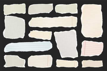 Ripped paper strips. Realistic crumpled paper scraps with torn edges. Shreds of notebook, book or old newspaper pages. Trendy collage elements. Vector illustration