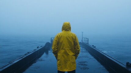 Fototapeta premium Person in Yellow Raincoat Stands by the Sea
