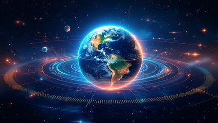 Global fintech innovation: digital diagram featuring a futuristic planet hologram