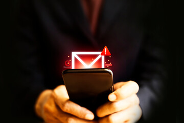 Digital mobile phone hacked warning alert, email hack, scam malware spreading virus on message...