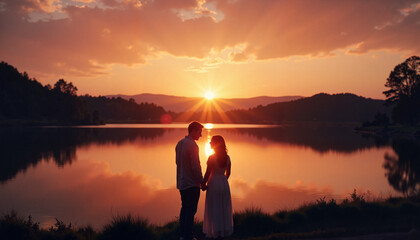 Fototapeta premium Couple holding hands at sunset by tranquil lake