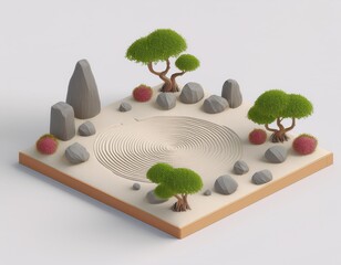 3D isometric miniature zen garden features a raked sand circle carefully placed rocks and small bonsai trees