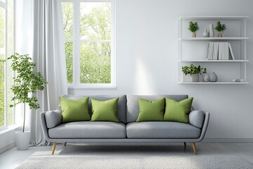 Fototapeta premium Minimalist living room interior with a grey sofa and green pillows near a window, a white bookcase shelf on the wall, and a carpeted floor, with copy space for a design concept. 8K resolution