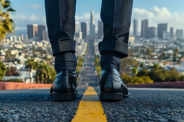 Close-up of black leather boots standing on asphalt road with yellow line marking and blurred urban cityscape skyline background in soft focus.