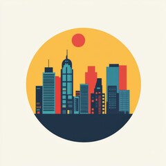 A stylized city skyline in a circular design with modern skyscrapers and a warm sunset.