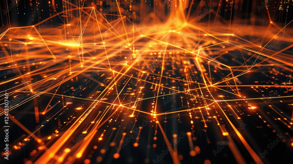 Poster explore a mesmerizing abstract representation of a network, showcasing bright lines converging and c