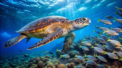 Fototapeta premium Majestic Sea Turtle Swimming Among Colorful Fish in Ocean Depths