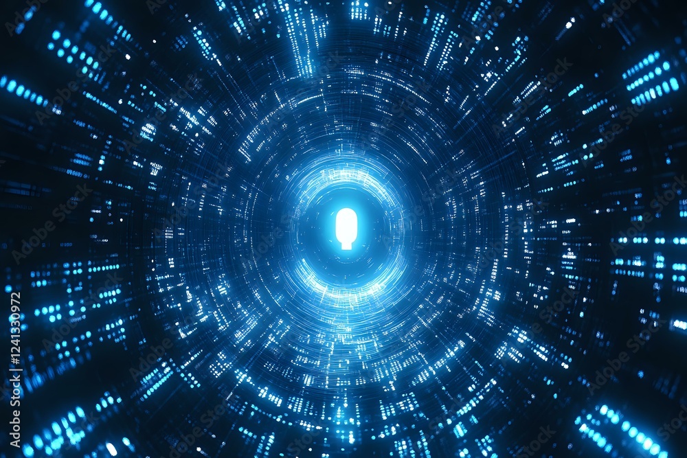 Poster abstract digital tunnel with glowing blue light and binary data streams, circular technology pattern