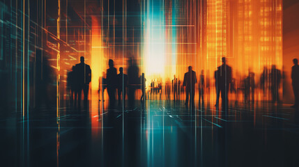 Obraz premium Group of business people silhouettes in modern office building and business network concept. Human resources with pastel innovation charts and graphs with statistics to analyze business