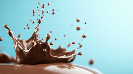 Chocolate splash with vivid light blue background highlighting dynamic movement in slow motion food