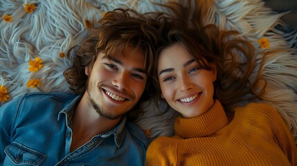 Young diverse couple lying on white fur carpet with autumn maple leaves, wearing denim jacket and yellow turtleneck sweater, expressing joy and happiness.