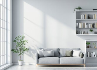 Modern living room interior with a grey sofa and white bookcase near a window. Scandinavian home design in light gray color, with green accents, in a minimalistic style, with empty space for text. 