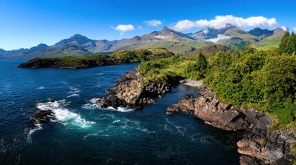 Serene coastal landscape showcasing rocky shores, lush greenery, and majestic mountains under a clear sky