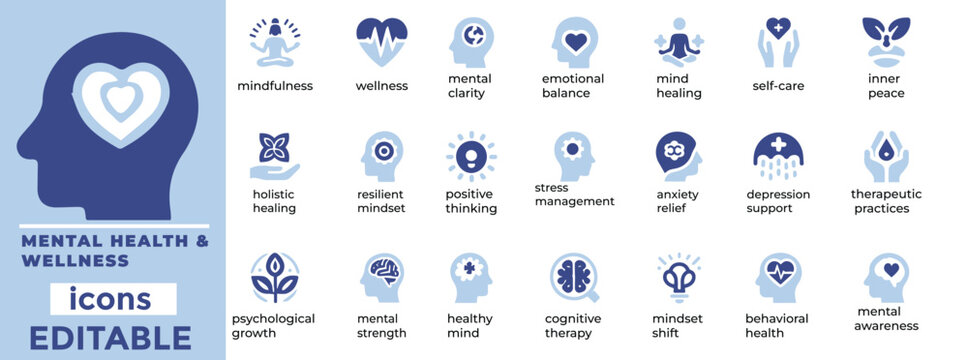 Mental Health and Wellness vector icons editable, calming, and versatile! Perfect for apps, websites, and wellness branding
