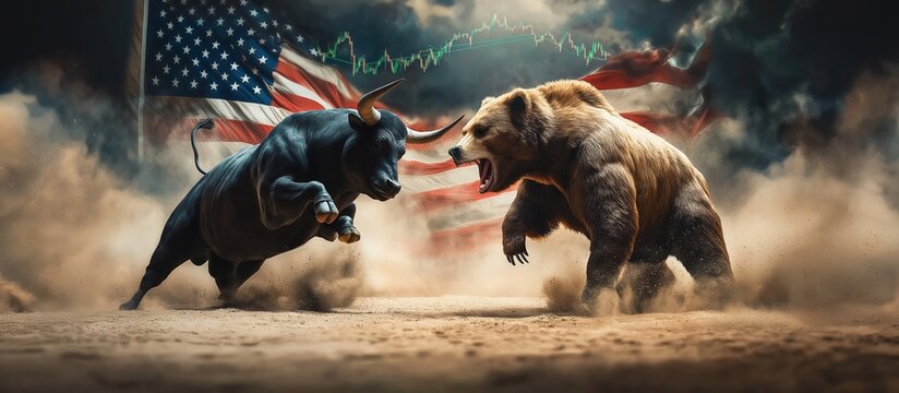 Charging bull and aggressive bear clash, symbolizing battle between bullish optimism and bearish downturns in stock market - Powered by Adobe
