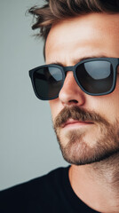 Young caucasian man with sunglasses and beard, confident expression, modern fashion portrait