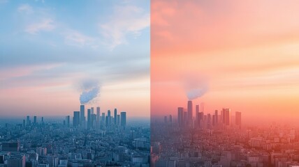 Fototapeta premium A side-by-side comparison of a city before and after PM 25 pollution, showing drastic changes in air clarity
