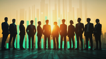 Group of business people silhouettes in modern office building and business network concept. Human resources with pastel innovation charts and graphs with statistics to analyze business