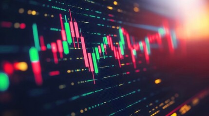 Close-up of screen filled with candlestick charts, showing rising and falling market trends, representing constant movement of financial markets.