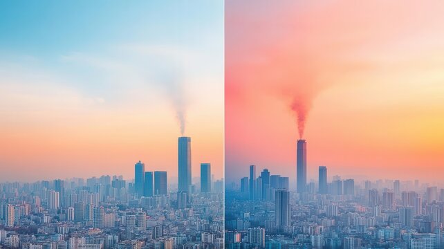 A side-by-side comparison of a city before and after PM 25 pollution, showing drastic changes in air clarity