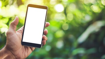 Hand Holding Smartphone with Blank White Screen in Green Natural Setting, Representing Digital Technology in Nature