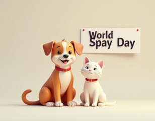 Cute Dog and Cat Celebrating World Spay Day - 3D Render